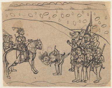 Indian. <em>King Meeting Demon Warriors</em>, ca. 1760. Ink, gesso and color on paper, pounced for transfer, sheet: 6 5/16 x 8 1/8 in.  (16.0 x 20.6 cm). Brooklyn Museum, Gift of Marilyn W. Grounds, 80.261.8 (Photo: Brooklyn Museum, 80.261.8_IMLS_PS3.jpg)