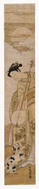 Isoda Koryusai (Japanese, ca. 1766-1788). <em>Lady with a Dog</em>, ca. 1770. Pillar print, 28 x 4 3/4 in. (71.1 x 12.1 cm). Brooklyn Museum, Gift of Herbert Libertson, 80.273.3 (Photo: Brooklyn Museum, 80.273.3_print_IMLS_SL2.jpg)