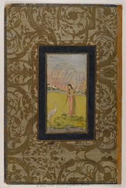  <em>Woman Under a Willow and Calligraphy Panel (Double-sided Painting)</em>, ca. 1665-1675. Ink on paper with newly added corner illuminations, 7 1/2 x 3 3/4 in. (19.1 x 9.5 cm). Brooklyn Museum, Gift of Jeffrey Paley, 80.277.11 (Photo: Brooklyn Museum, 80.277.11_recto_IMLS_PS4.jpg)