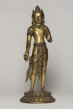  <em>Bodhisattva Manjushri</em>, 10th-11th century. Gilt copper inlaid with turquoise and coral, base: 1 1/2 in. (3.8 cm). Brooklyn Museum, Gift of Jeffrey Paley, 80.277.1. Creative Commons-BY (Photo: Brooklyn Museum, 80.277.1_front_PS11.jpg)