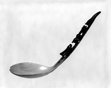 Tlingit. <em>Ladle</em>, late 19th century. Horn, metal rivets, metal inlay, 8 5/8 x 2 1/8 in.  (21.95 x 5.4 cm). Brooklyn Museum, Gift of Cynthia Hazen Polsky, 80.98.3. Creative Commons-BY (Photo: Brooklyn Museum, 80.98.3_bw.jpg)