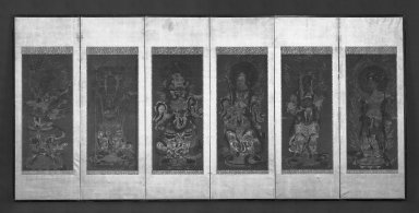  <em>Six of the Juniten (Twelve Devas)</em>, 14th century. Six-panel screen, ink and color on silk, 19 1/4 x 54 in. (48.9 x 137.2 cm). Brooklyn Museum, Gift of Mr. and Mrs. Eric F. Freidl, 81.118. Creative Commons-BY (Photo: Brooklyn Museum, 81.118_bw.jpg)