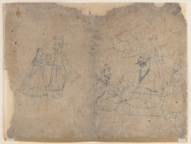 Indian. <em>Line Drawing of a Fanciful Boat</em>, 19th century. Ink and charcoal on paper, sheet: 8 5/8 x 11 5/8 in.  (21.9 x 29.5 cm). Brooklyn Museum, Gift of Bernice and Robert Dickes, 81.188.10 (Photo: Brooklyn Museum, 81.188.10_verso_IMLS_PS3.jpg)