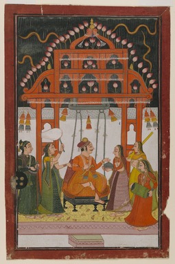 Indian. <em>Hindola Raga, Page from a Dispersed Ragamala Series</em>, ca. 1830. Opaque watercolors and metallic paints on paper, sheet: 10 1/2 x 6 7/8 in.  (26.7 x 17.5 cm). Brooklyn Museum, Anonymous gift, 81.192.2 (Photo: Brooklyn Museum, 81.192.2_IMLS_PS4.jpg)