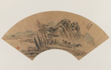 Hsiang-Chien Huang. <em>Landscape on Painted on Fan</em>, 17th century. Ink and light color on gold-flecked paper, Image: 8 1/2 x 18 1/8 in. (21.6 x 46 cm). Brooklyn Museum, Gift of Dr. Ralph C. Marcove, 81.194.4. Creative Commons-BY (Photo: Brooklyn Museum, 81.194.4_IMLS_PS3.jpg)