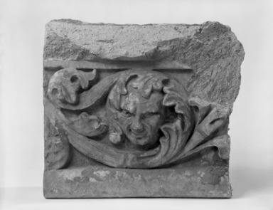 Unknown (American). <em>Foliate Border with Head, from Turner Towers, 135 Eastern Parkway, Brooklyn</em>, 1928. Cast Stone: cement composition and vitreous enamel, Other: 6 x 8 x 4 in. (15.2 x 20.3 x 10.2 cm). Brooklyn Museum, Gift of Charles Free, 81.209.8. Creative Commons-BY (Photo: Brooklyn Museum, 81.209.8_bw.jpg)