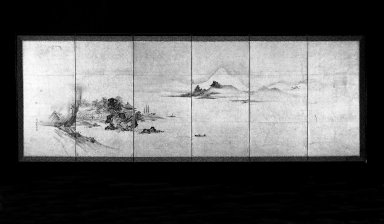 Kano Isen'in (Japanese, 1775-1828). <em>Winter Rustic Village</em>, 18th century. Six-panel screen, ink on gold foil, 18 1/4 x 40 1/4 in. (46.4 x 102.2 cm). Brooklyn Museum, Gift of Mr. and Mrs. Boris Kroll, 81.290.4. Creative Commons-BY (Photo: Brooklyn Museum, 81.290.4_bw.jpg)