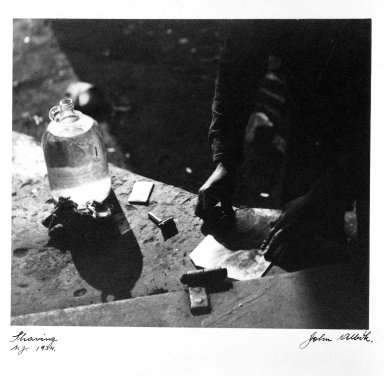 John Albok (American, born Hungary, 1894-1982). <em>Shaving (Barbershop, Hooverville)</em>, 1933. Gelatin silver print, image: 8 3/16 x 9 1/2 in. (20.8 x 24.1 cm). Brooklyn Museum, Gift of James Garfinkel, 81.42. © artist or artist's estate (Photo: Brooklyn Museum, 81.42_bw.jpg)