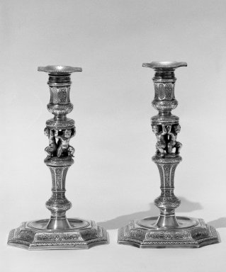 Charles Hatfield. <em>Candlestick, One of Pair</em>, 1728-1729. Silver, 9 1/4 x 5 3/8 x 5 3/8 in. (23.5 x 13.7 x 13.7 cm). Brooklyn Museum, Bequest of Donald S. Morrison, 81.54.12. Creative Commons-BY (Photo: , 81.54.11_81.54.12_acetate_bw.jpg)