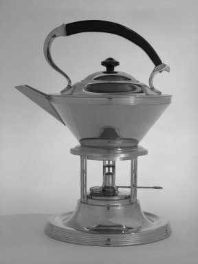 Manning Bowman and Co. (1857-present). <em>Tea Kettle on Stand</em>, ca. 1935. Chromed metal (possibly brass), wood, 12 x 9 x 7 1/2 in. (30.5 x 22.9 x 19.1 cm). Brooklyn Museum, Robert B. Woodward Memorial Fund, gift of Emma Engdahl Swanson and Designated Purchase Fund, 82.114a-g. Creative Commons-BY (Photo: Brooklyn Museum, 82.114a-g_bw.jpg)