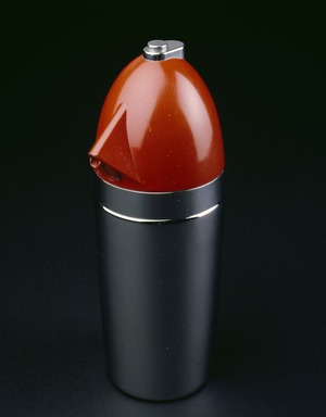 Walter Kidde Sales Co.. <em>Seltzer Bottle</em>, design introduced 1938. Chromed and enameled metal with rubber fittings, 10 x 4 1/4 x 4 1/4 in. (25.4 x 10.8 x 10.8 cm). Brooklyn Museum, H. Randolph Lever Fund, 82.168.2a-b. Creative Commons-BY (Photo: Brooklyn Museum, 82.168.2a-b_SL3.jpg)