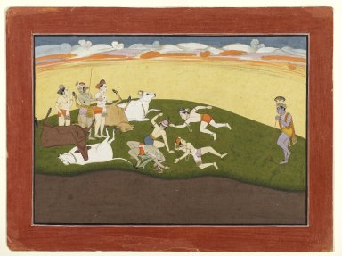 Indian. <em>Leaf from a Dispersed Bhagavata Purana Series</em>, 1760–1765. Opaque watercolors and gold on paper, Sheet): 11 7/8 x 15 7/8 in. (30.2 x 40.3 cm). Brooklyn Museum, Gift of Amy and Robert L. Poster, 82.227.2 (Photo: Brooklyn Museum, 82.227.2_PS2.jpg)