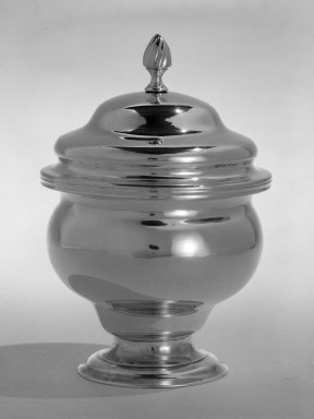 David Hall. <em>Covered Bowl with Lid</em>, ca. 1770. Silver, 6 1/8 x 4 3/16 x 4 3/16 in. (15.6 x 10.6 x 10.6 cm). Brooklyn Museum, Gift of Wunsch Foundation, Inc., 82.243.2a-b. Creative Commons-BY (Photo: Brooklyn Museum, 82.243.2a-b_bw.jpg)