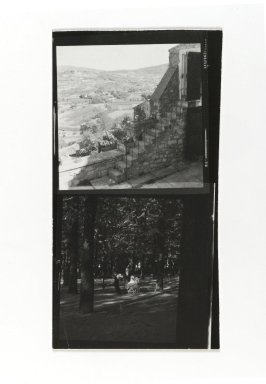 Consuelo Kanaga (American, 1894-1978). <em>[Untitled] (Stairs) (top exposure)  [Untitled] (Baby Carriage) (bottom exposure)</em>. Gelatin silver photograph, Exposure: 5 x 2 5/8 in. (12.7 x 6.7 cm). Brooklyn Museum, Gift of Wallace B. Putnam from the Estate of Consuelo Kanaga, 82.65.184 (Photo: Brooklyn Museum, 82.65.184_PS2.jpg)