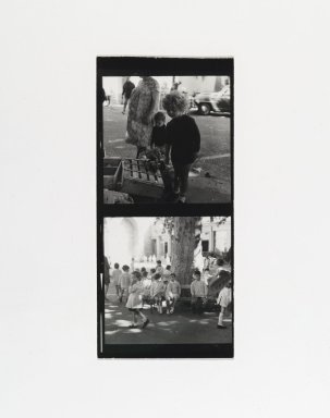 Consuelo Kanaga (American, 1894-1978). <em>[Untitled] (Child Looking at Crates) (top exposure)  [Untitled] (Children on Bench) (bottom exposure)</em>. Gelatin silver photograph, Exposure: 5 1/4 x 2 3/8 in. (13.3 x 6 cm). Brooklyn Museum, Gift of Wallace B. Putnam from the Estate of Consuelo Kanaga, 82.65.193 (Photo: Brooklyn Museum, 82.65.193_PS2.jpg)