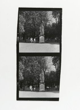 Consuelo Kanaga (American, 1894–1978). <em>[Untitled] (Park Scene with Statue)</em>. Gelatin silver print, Contact sheet: 4 1/4 x 2 3/4 in. (10.8 x 7 cm). Brooklyn Museum, Gift of Wallace B. Putnam from the Estate of Consuelo Kanaga, 82.65.196 (Photo: Brooklyn Museum, 82.65.196_PS2.jpg)
