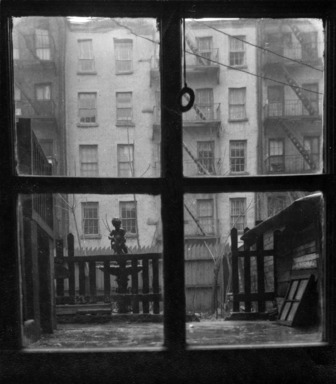 Consuelo Kanaga (American, 1894-1978). <em>[Untitled] (Window Pane with View of City Yard)</em>, 1930s or 1940s. Gelatin silver photograph, Image: 3 3/4 x 3 3/8 in. (9.5 x 8.6 cm). Brooklyn Museum, Gift of Wallace B. Putnam from the Estate of Consuelo Kanaga, 82.65.239 (Photo: Brooklyn Museum, 82.65.239_bw_IMLS.jpg)