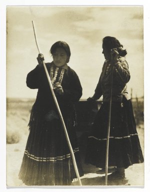Consuelo Kanaga (American, 1894-1978). <em>[Untitled] (Native American Women with Wooden Poles, New Mexico)</em>, 1950s. Gelatin silver print, 3 3/4 x 2 7/8 in. (9.5 x 7.3 cm). Brooklyn Museum, Gift of Wallace B. Putnam from the Estate of Consuelo Kanaga, 82.65.253 (Photo: Brooklyn Museum, 82.65.253_PS2.jpg)