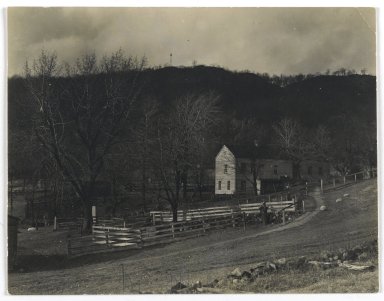 Consuelo Kanaga (American, 1894-1978). <em>[Untitled] (Landscape with Farmhouse)</em>. Gelatin silver photograph, Other: 3 5/8 x 4 3/4 in. (9.2 x 12.1 cm). Brooklyn Museum, Gift of Wallace B. Putnam from the Estate of Consuelo Kanaga, 82.65.329 (Photo: Brooklyn Museum, 82.65.329_PS2.jpg)