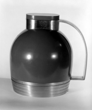 Henry Dreyfuss (American, 1904–1972). <em>Thermos Pitcher with Base and Lid</em>, 1935. Aluminum, steel (?), glass, rubber, 7 1/4 x 7 3/8 x 5 5/8 in. (18.4 x 18.7 x 14.3 cm). Brooklyn Museum, Gift of Paul F. Walter, 83.108.3a-c. Creative Commons-BY (Photo: Brooklyn Museum, 83.108.3_bw.jpg)