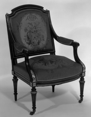 Léon Alexandre Marcott (French, 1824-1887). <em>Armchair (Louis XVI Revival style)</em>, 1869. Ebonized blue beech, gilt bronze, original Aubusson tapestry upholstery (wool, linen warp), 38 3/8 x 25 1/8 x 22 1/8 in. (97.5 x 63.8 x 56.2 cm). Brooklyn Museum, H. Randolph Lever Fund
, 83.109. Creative Commons-BY (Photo: Brooklyn Museum, 83.109_bw_IMLS.jpg)