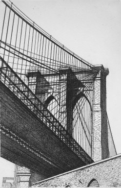 Howard Koslow (American, 1924-2016). <em>The Bridge</em>, 1983. Etching, Sheet: 15 x 11 1/8 in. (38.1 x 28.3 cm). Brooklyn Museum, Gift of the artist, 83.133. © artist or artist's estate (Photo: Brooklyn Museum, 83.133.jpg)
