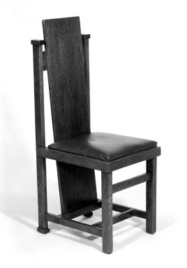 Frank Lloyd Wright (American, 1867-1959). <em>Side Chair</em>, 1904. Oak, upholstery, 40 1/8 x 14 3/4 x 18 1/2in. (101.9 x 37.5 x 47cm). Brooklyn Museum, Designated Purchase Fund, 83.157a-b. Creative Commons-BY (Photo: Brooklyn Museum, 83.157a-b_bw.jpg)