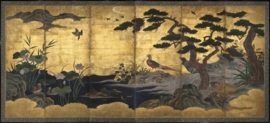 Attributed to Kano Shôei (Japanese, 1519–1592). <em>Birds and Flowers</em>, late 16th century. Ink, color, gold leaf and gold fleck on paper, Overall (unfolded): 68 3/4 × 147 11/16 in. (174.6 × 375.2 cm). Brooklyn Museum, Gift of Dr. and Mrs. John Fleming, 83.183.2. Creative Commons-BY (Photo: , 83.183.2_PS11.jpg)