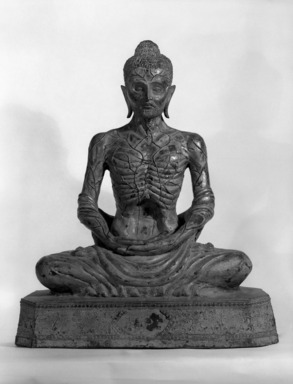  <em>Emaciated Buddha</em>, 19th-early 20th century. Copper alloy, lacquer (urushi), gold leaf, core material (possibly sand or clay), 29 1/2 x 25 x 13 1/4 in., 104 lb. (74.9 x 63.5 x 33.7 cm, 47.17kg). Brooklyn Museum, Gift of Dr. Andrew Dahl, 84.133.7. Creative Commons-BY (Photo: Brooklyn Museum, 84.133.7_bw.jpg)