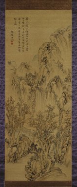 Noro Kaiseki (Japanese, 1747–1828). <em>Landscape</em>, early 19th century. Hanging scroll, ink and light color on silk, Image: 50 x 19 1/2 in. (127 x 49.5 cm). Brooklyn Museum, Gift of Dr. and Mrs. Richard Dickes, 84.134.1 (Photo: Brooklyn Museum, 84.134.1_IMLS_SL2.jpg)