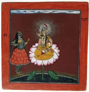 Indian. <em>Siddha Lakshmi with Kali</em>, ca. 1660–1670. Opaque watercolor, gold, silver, and beetle wing cases on paper, sheet: 8 5/8 x 8 3/8 in.  (21.9 x 21.3 cm). Brooklyn Museum, Gift of Mr. and Mrs. Robert L. Poster in honor of Dr. Bertram H. Schaffner, 84.142 (Photo: Brooklyn Museum, 84.142_IMLS_SL2.jpg)