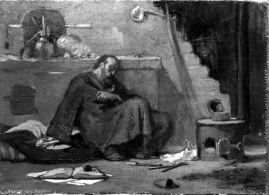 Elihu Vedder (American, 1836-1923). <em>Study for The Dead Alchemist</em>, 1866. Oil on canvas mounted on composition board, 6 3/16 x 8 1/2 in. (15.7 x 21.6 cm). Brooklyn Museum, Healy Purchase Fund B, 84.15 (Photo: Brooklyn Museum, 84.15_bw.jpg)