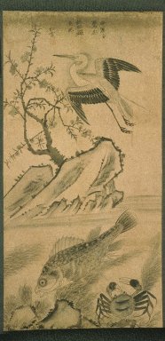 Songha (Korean). <em>Fish, Crab, Crane and Plum</em>, late 19th-early 20th century. Ink and light color on paper, 31 3/4 x 16 in.  (80.6 x 40.6 cm). Brooklyn Museum, Gift of Dr. Kenneth Rosenbaum, 84.203.8 (Photo: Brooklyn Museum, 84.203.8_IMLS_SL2.jpg)