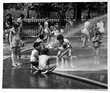 Walter Rosenblum (American, 1919-2006). <em>"Showers" Mullaly Park, Bronx, N.Y.</em>, 1979. Gelatin silver photograph, sheet: 10 7/8 × 14 in. (27.6 × 35.6 cm). Brooklyn Museum, Gift of Lisa Rosenblum, 84.236.6. © artist or artist's estate (Photo: Brooklyn Museum, 84.236.6_bw.jpg)