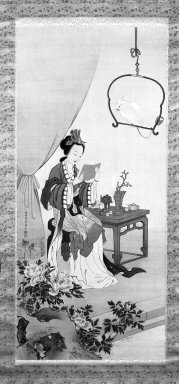 Kishi Ganku (Japanese, 17(49/56)-1838). <em>Chinese Beauty</em>, early 19th century. Hanging scroll, ink and colors on silk, Image: 49 3/4 x 22 1/2 in. (126.4 x 57.2 cm). Brooklyn Museum, Gift of Dr. Kenneth Rosenbaum, 84.266.2 (Photo: Brooklyn Museum, 84.266.2_bw_IMLS.jpg)