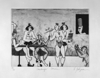 Victoria Salzman. <em>Hamburger Heaven</em>, 1983. Intaglio on paper, sheet: 15 1/16 x 20 1/8 in. (38.3 x 51.1 cm). Brooklyn Museum, Gift of the Printmaking Workshop in honor of Una E. Johnson, 84.307.13. © artist or artist's estate (Photo: Brooklyn Museum, 84.307.13_bw.jpg)