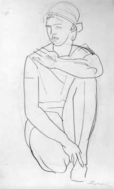 William Zorach (American, born Lithuania, 1887-1966). <em>Kneeling Woman</em>, ca. 1930. Graphite on paper, Sheet: 17 3/16 x 10 3/8 in. (43.7 x 26.4 cm). Brooklyn Museum, Gift of William Bloom, 84.46.15. © artist or artist's estate (Photo: Brooklyn Museum, 84.46.15_bw.jpg)