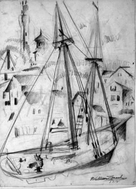 William Zorach (American, born Lithuania, 1887-1966). <em>Schooner at Provincetown</em>, 1918. Graphite on paper, Sheet: 13 5/16 x 9 13/16 in. (33.8 x 24.9 cm). Brooklyn Museum, Gift of William Bloom, 84.46.25. © artist or artist's estate (Photo: Brooklyn Museum, 84.46.25_bw.jpg)