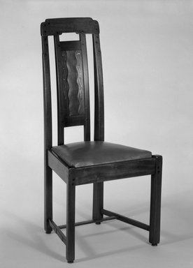 Charles Sumner Greene (American, 1868-1957). <em>Side Chair</em>, ca. 1907. Honduras mahogany, ebony, with inlay of silver, abalone, copper, pewter, and exotic woods, 43 1/2 x 21 1/2 x 19 1/2 in. (110.5 x 54.5 x 49.5 cm). Brooklyn Museum, Designated Purchase Fund, 84.66. Creative Commons-BY (Photo: Brooklyn Museum, 84.66_bw.jpg)