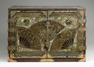  <em>Export Portable Desk (Bargueño)</em>, late 16th–early 17th century. Lacquer with gold flecks, mother-of-pearl inlay, metal fittings, 17 5/16 x 24 7/8 x 13 9/16 x 24 1/2 in. (44 x 63.2 x 34.5 x 62.2 cm). Brooklyn Museum, Gift of Dr. and Mrs. John P. Lyden, 84.69.1. Creative Commons-BY (Photo: Brooklyn Museum, 84.69.1_closed_PS6.jpg)