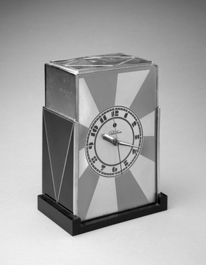 Paul T. Frankl (American, born Austria, 1887-1958). <em>Clock</em>, late 1920s. Chrome-plated and enameled metal, glass, plastic, 7 3/4 x 5 7/8 x 3 3/4 in. (19.7 x 14.9 x 9.5 cm). Brooklyn Museum, H. Randolph Lever Fund, 85.110. Creative Commons-BY (Photo: Brooklyn Museum, 85.110_view1_bw.jpg)
