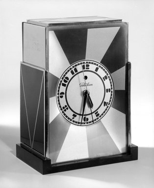 Paul T. Frankl (American, born Austria, 1887–1958). <em>Clock</em>, late 1920s. Chrome-plated and enameled metal, glass, plastic, 7 3/4 x 5 7/8 x 3 3/4 in. (19.7 x 14.9 x 9.5 cm). Brooklyn Museum, H. Randolph Lever Fund, 85.110. Creative Commons-BY (Photo: Brooklyn Museum, 85.110_view2_bw.jpg)