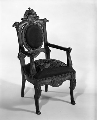 Unknown. <em>Child's Armchair (relic)</em>, ca. 1860–1870. Oak, original needlepoint upholstery, 31 1/2 x 15 x 16 1/2 in.  (80.0 x 38.1 x 41.9 cm). Brooklyn Museum, Designated Purchase Fund, 85.112.1. Creative Commons-BY (Photo: Brooklyn Museum, 85.112.1_bw_IMLS.jpg)