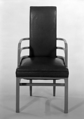 Kem Weber (American, born Germany, 1889-1963). <em>Armchair</em>, 1928. Wood, leather, 40 1/2 x 21 1/2 x 20 in. (102.9 x 54.6 x 50.8 cm). Brooklyn Museum, H. Randolph Lever Fund, 85.11. Creative Commons-BY (Photo: Brooklyn Museum, 85.11_front_bw.jpg)