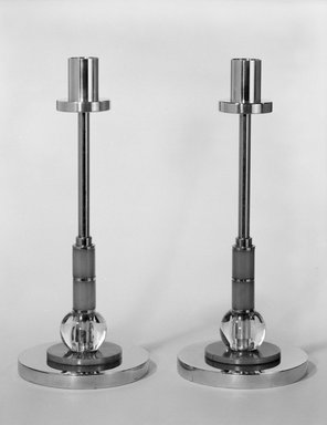 M. Goldsmith Company. <em>Candlestick, One of Pair</em>, ca. 1930s. Chrome-plated metal, plastic, 10 x 4 1/4 x 4 1/4 in. (25.4 x 10.8 x 10.8 cm). Brooklyn Museum, H. Randolph Lever Fund, 85.163.1. Creative Commons-BY (Photo: , 85.163.1_85.163.2_view1_bw.jpg)
