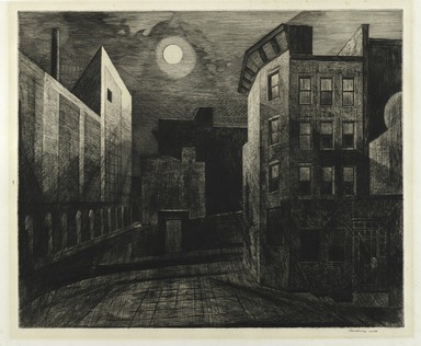 Armin Landeck (American, 1905-1984). <em>Manhattan Moonlight</em>, 1947. Drypoint and engraving, sheet: 15 15/16 x 18 1/2 in. (40.5 x 47 cm). Brooklyn Museum, Gift of IBM Gallery of Science and Art, 85.187.28. © artist or artist's estate (Photo: Brooklyn Museum, 85.187.28_PS4.jpg)