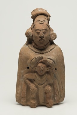 Maya. <em>Woman Sheltering a Man (Rattle)</em>, 600-800. Ceramic and pigment, 8 × 4 × 3 in. (20.3 × 10.2 × 7.6 cm). Brooklyn Museum, Gift of Frederic Zeller, 85.262.5. Creative Commons-BY (Photo: Brooklyn Museum, 85.262.5_overall_PS11.jpg)