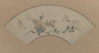 Uragami Shunkin (Japanese, 1779-1846). <em>Cherry Blossoms and Magnolia</em>, 1829. Fan painting, ink and light color on paper, 9 3/8 x 19 7/8 in. (23.8 x 50.5 cm). Brooklyn Museum, Gift of Horst Kleindienst, 85.278.2. Creative Commons-BY (Photo: Brooklyn Museum, 85.278.2_IMLS_PS3.jpg)