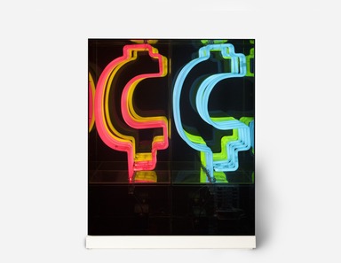Chryssa (American, born Greece, 1933-2014). <em>Cents Sign Travelling from Broadway to Africa via Guadeloupe</em>, 1968. Neon tubing, Plexiglas, 43 x 35 x 28 1/2 in. (109.2 x 88.9 x 72.4 cm). Brooklyn Museum, Gift of Sidney Singer, 85.290. © artist or artist's estate (Photo: Brooklyn Museum, 85.290_overall_PS11.jpg)