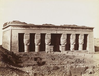 Antonio Beato (Italian and British, ca. 1825-ca.1903). <em>Temple of Hathor at Dendera (Dendur) (View from northeast of the façade of temple)</em>, late 19th century. Albumen silver print, image/sheet: 7 3/4 x 10 1/4 in. (19.7 x 26 cm). Brooklyn Museum, Gift of Matthew Dontzin, 85.305.3 (Photo: Brooklyn Museum, 85.305.3_PS4.jpg)